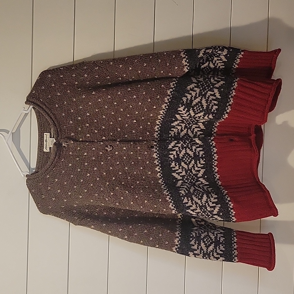 EDDIE BAUER WOOL/ALPACA CARDIGAN  XL  BROWN/GRAY/RED